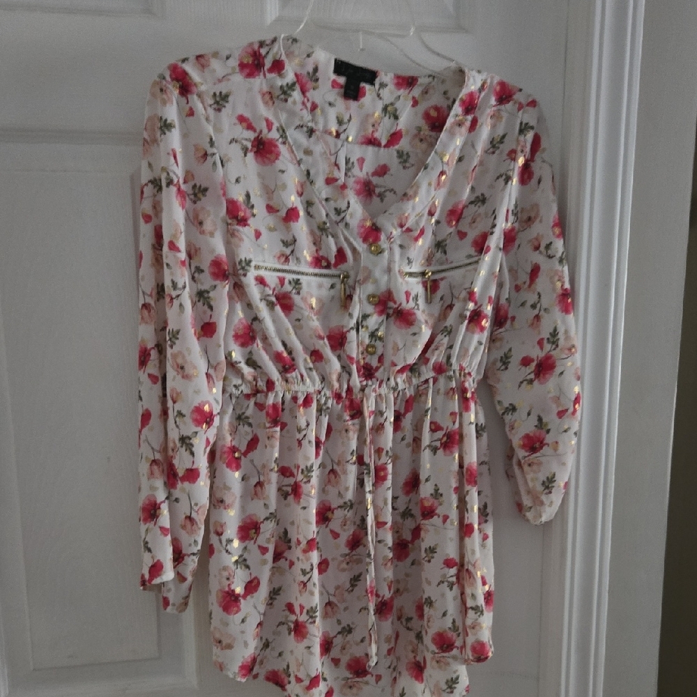 Floral 1/2 Sleeve Blouse Gold Foil W Fushia Flowers